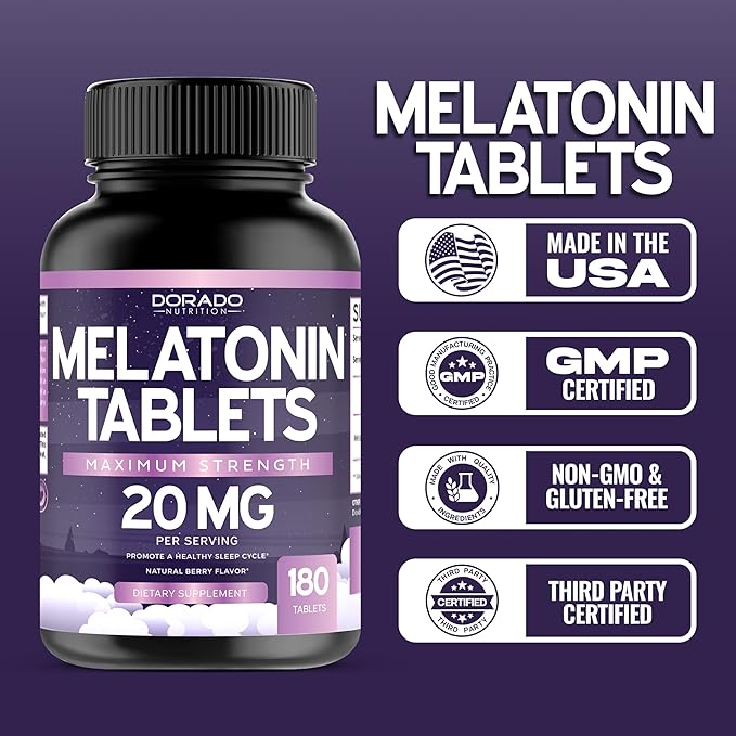 Melatonin 20mg Tablets for Adults (180 Count) - Quick Dissolve with 20mg of Melatonin Per Tablet - High Potency, Gluten-Free, Non-GMO, Vegan - Mixed Berry Flavor - Bulk Supply - USA Made