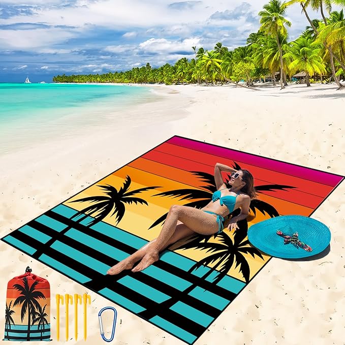 Beach Blanket Waterproof Sandproof Beach Mat 79" X 83" /10'x9'for 2-8 Adults Quick Drying Outdoor Picnic Mat Beach Accessories for Travel, Camping, Hiking