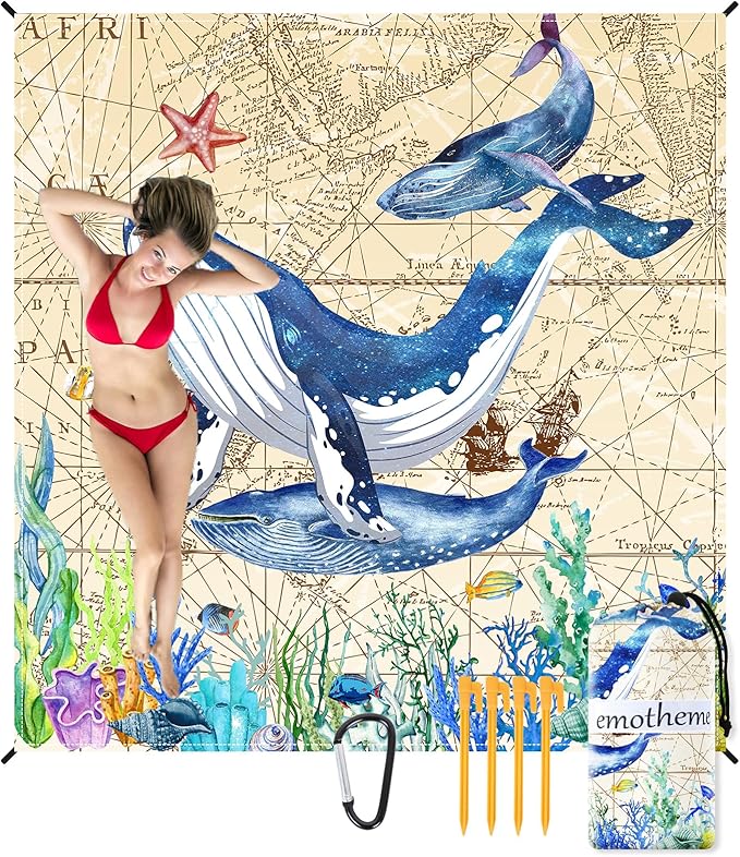 Beach Blanket, Sandproof Beach Mat 79" X 82" for 4-7 Adults, Large Waterproof Beach Blanket Quick Drying Lightweight Beach Blanket with 4 Stakes for Travel Camping Hiking(Whale)