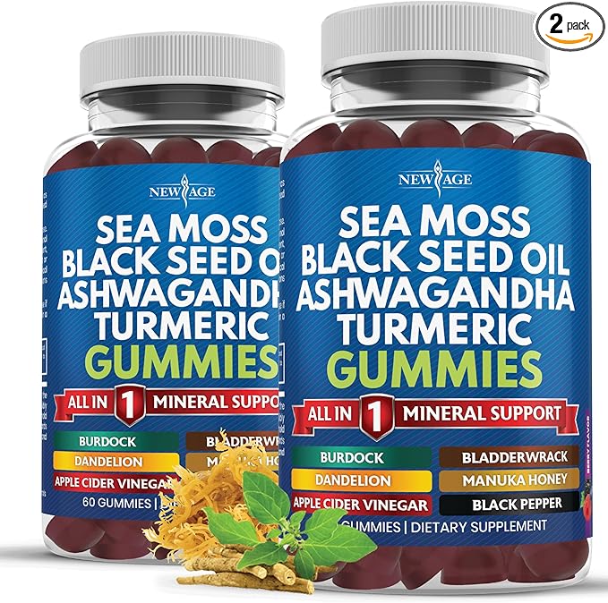 Sea Moss Gummies, Sea Moss, Black Seed, Ashwagandha, Turmeric, Manuka Honey, ACV, Dandelion, Black Pepper, Burdock, Bladderwrack, Vegan - 120 Count
