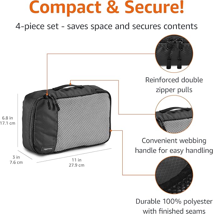 Amazon Basics Small Packing Cubes for Travel, Packing Organizers, 4-Piece-Set With Double Zipper Pulls and Mesh Top Panel, 100% Durable Polyester, Black, 11"L x 6.8"W x 3"H