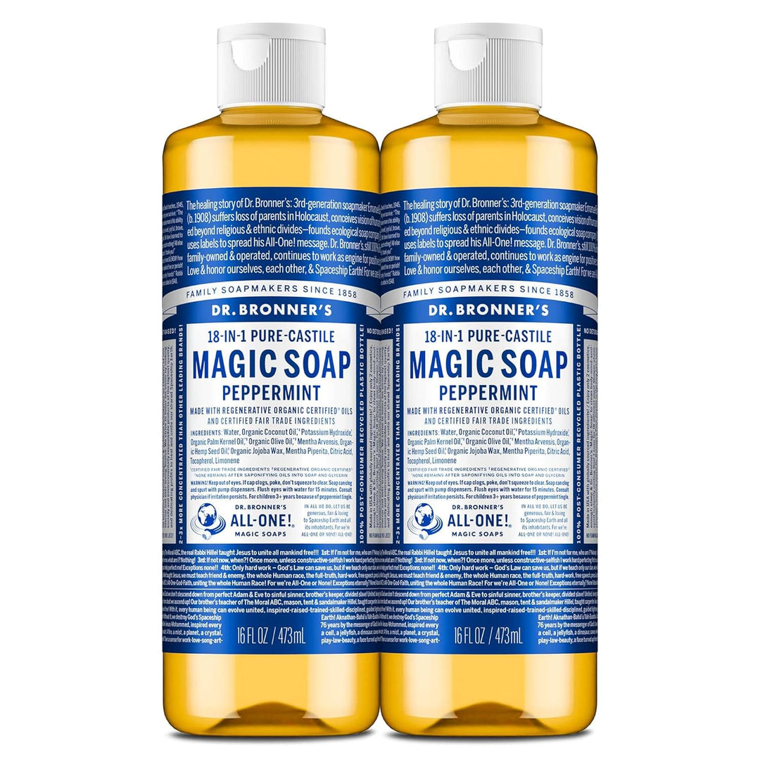 Dr. Bronner's Peppermint Pure-Castile Liquid Soap | 16 Oz | 2-Pack | Vegan & Organic