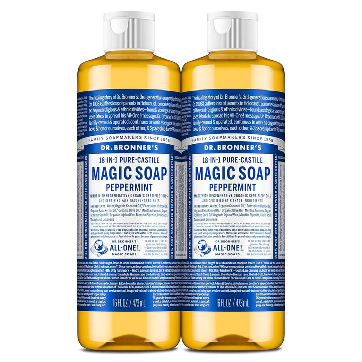 Dr. Bronner's Peppermint Pure-Castile Liquid Soap | 16 Oz | 2-Pack | Vegan & Organic