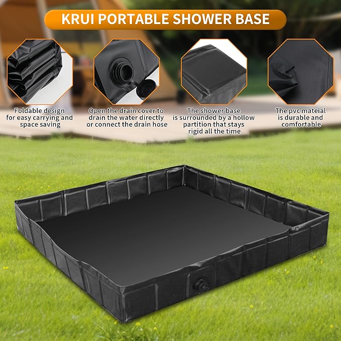 41"x41"x5" Portable Shower Pan Camping Shower Base Collapsible Temporary Shower Stall with Drain Hose Durable Foldable Basin for RV Outdoor Bathing Pets Tent Indoor Outdoor Use