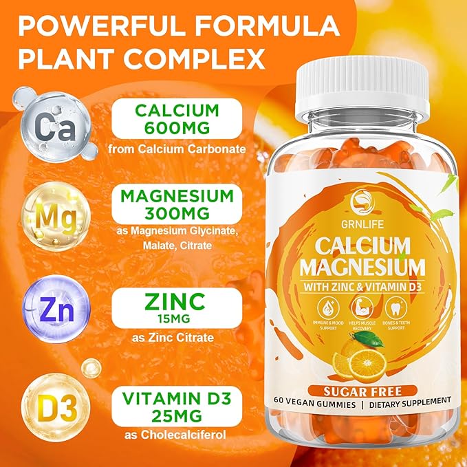 Calcium Magnesium Zinc Supplement with Vitamin D3, Sugar Free Calcium Gummies for Women Men, High Potency Magnesium Gummies for Bone & Muscle & Immune Health, Orange Flavors - 60 Count