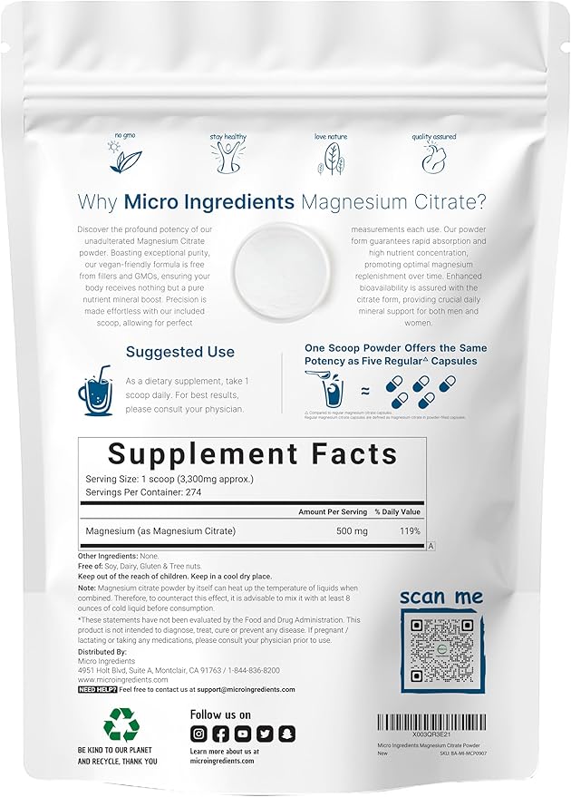 Pure Magnesium Citrate Powder (Citrato de Magnesio en polvo), 2 Pounds (32 Ounce), Pure and Filler Free, Relaxation and Nutrient Utilization, Vegan