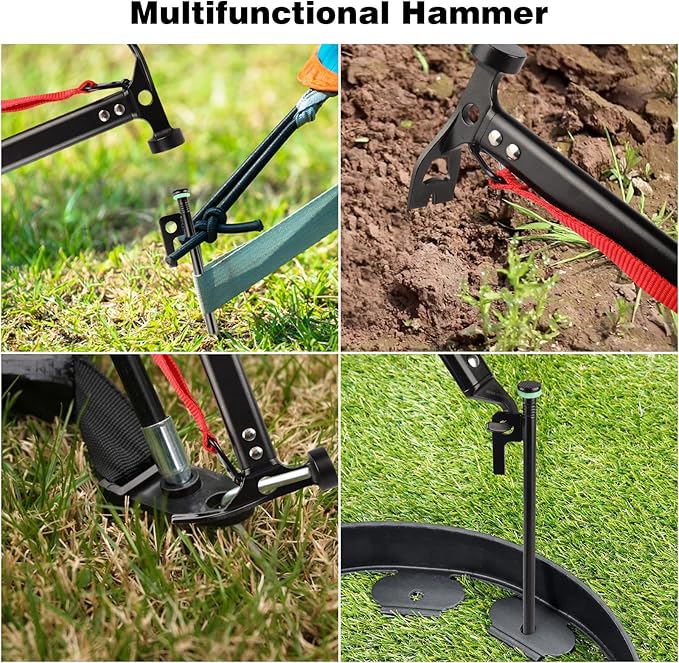 Tent Stakes Heavy Duty & Hammer Set,with 12in Tent Stake Remover +10 in Steel Tent Pegs+Storage Bag +Fluorescent Rubber Circle for Camping Used on Rocks, Grassland,Canopies (10"- 4pack & 12" Hammer)