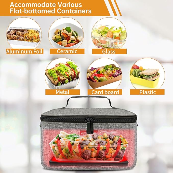 Aotto Portable Oven, Electric Lunch Box Food Heater - 12V/24V/110V 3-in-1 Car Food Warmer - Heated Lunch Box for Adults - Cook, Reheat & Keep Meals Warm for Car, Truck, Travel, Work, Home - Grey