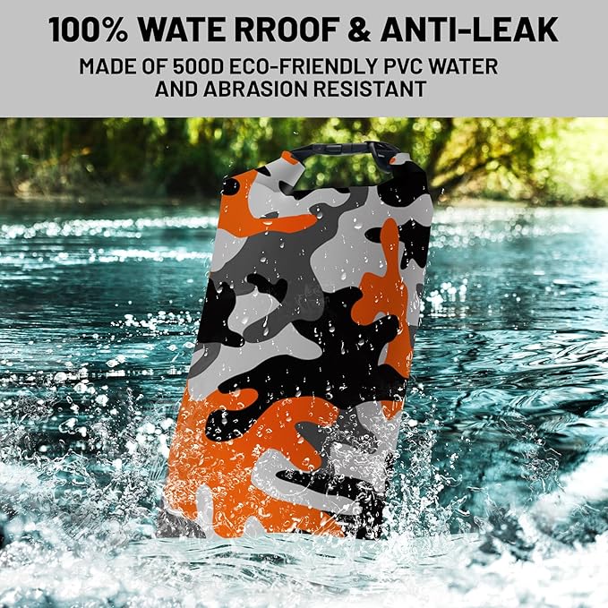 Waterproof Dry Bag,Roll Top Orange Camouflage Waterproof Backpack 5L/10L/20L Floating and Lightweight Bags for Kayaking, Boating, Fishing, Swimming and Camping with Waterproof Phone Case