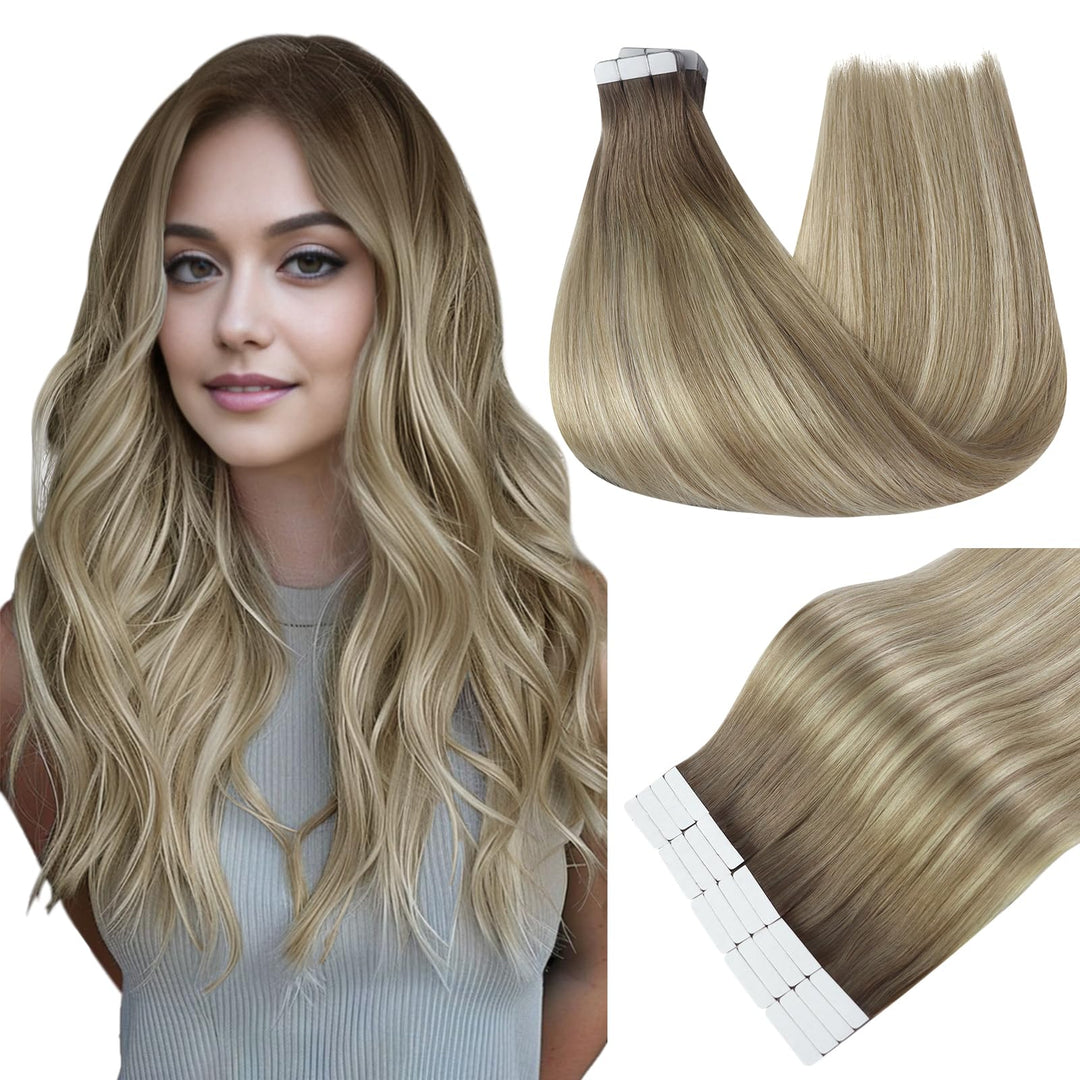 Full Shine Tape in Hair Extensions Human Hair Color 19/8/60 Brown and Blonde Ombre Tape Ins Human Hair Extensions 20PCS Double Sided Seamless Tape in Extensions 30g 12 Inch Natural Straight Hair