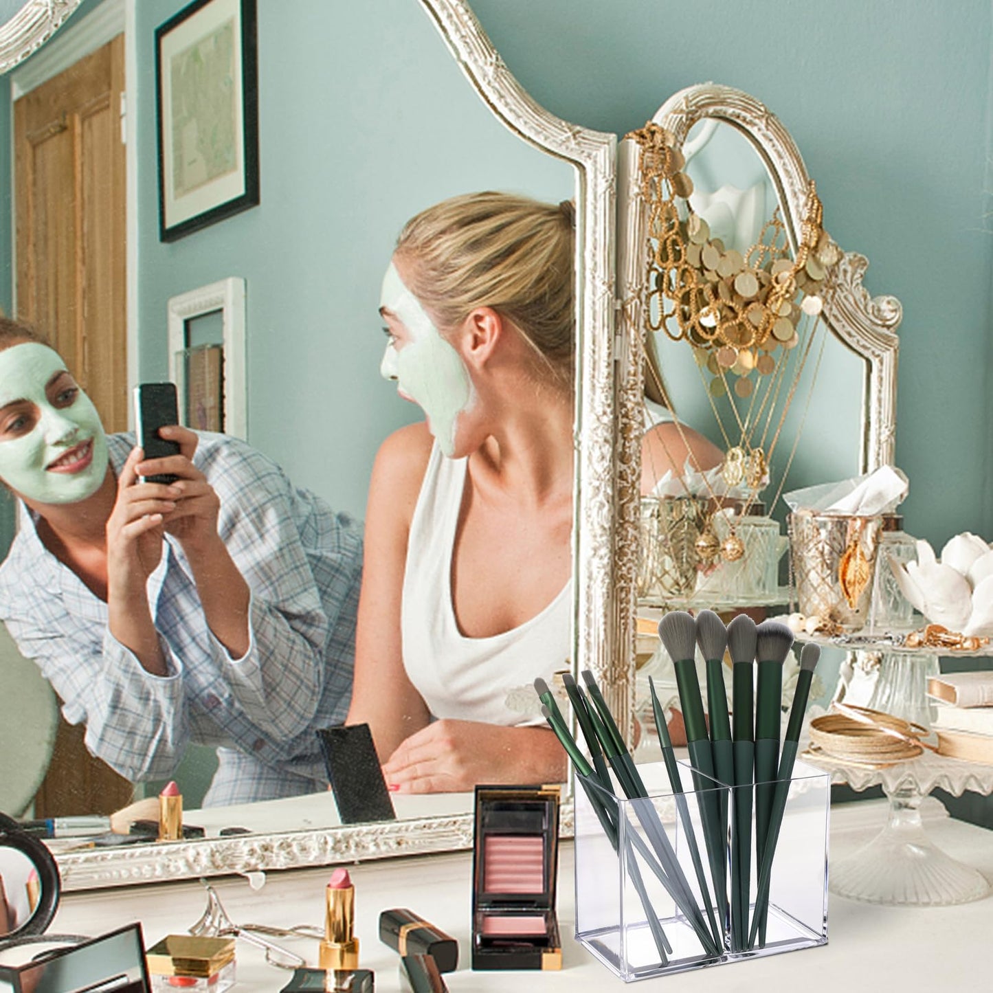 2Pcs Acrylic Pen Holder With 2 Compartments, Square Pencil Organizer, Transparent Cup for Makeup Brushes, Clear Storage Basket for School, Home, Office