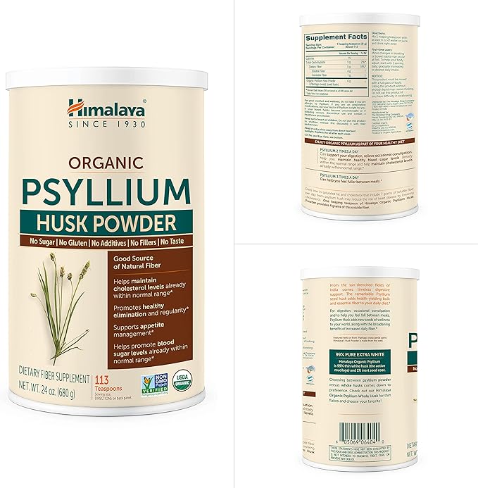 Himalaya Organic Psyllium Husk Powder, Daily Dietary Fiber Supplement, Regularity, Appetite Management, Certified Organic, Non-GMO, No Artificial Colors, Unflavored, 113 Teaspoon Supply, 24 Oz