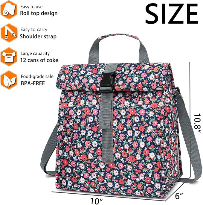 Insulated Lunch Bag for Men/Women/Kids, Roll top Reusable Lunch Box with Adjustable Shoulder Strap, Thermal Lunch Cooler Tote Container for Adults/Teens School Work Office Picnic,Floral
