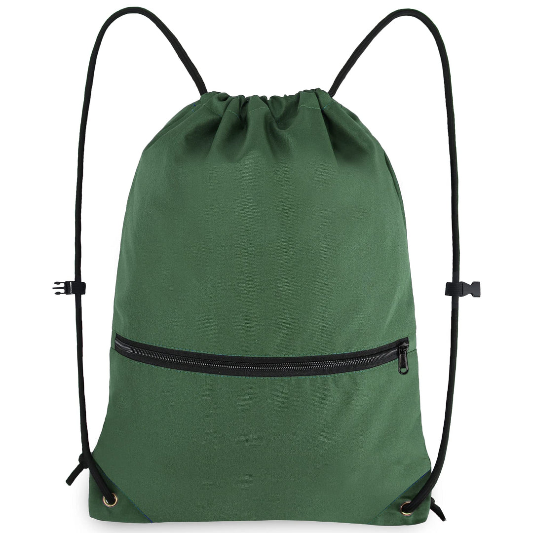 BeeGreen Dark Green Drawstring Backpack with Front Zipper Pocket and Inner Pocket Large 18.5" L x 13.8" W String Sackpack Cinch Sack Gym Sports Workout Bag For Men Women