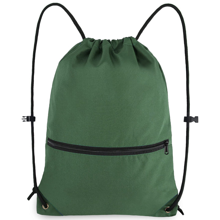 BeeGreen Dark Green Drawstring Backpack with Front Zipper Pocket and Inner Pocket Large 18.5" L x 13.8" W String Sackpack Cinch Sack Gym Sports Workout Bag For Men Women