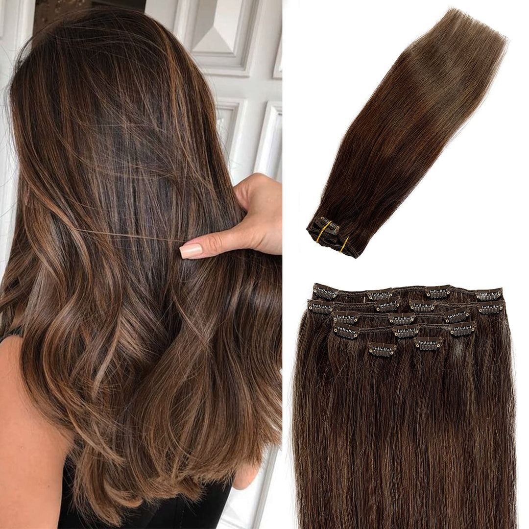 Balayage Brown Human Hair Clip In Extensions Silky Natural Brown Highlighted Clip In Hair Extensions 7Pcs 70G Seamless Dark Brow