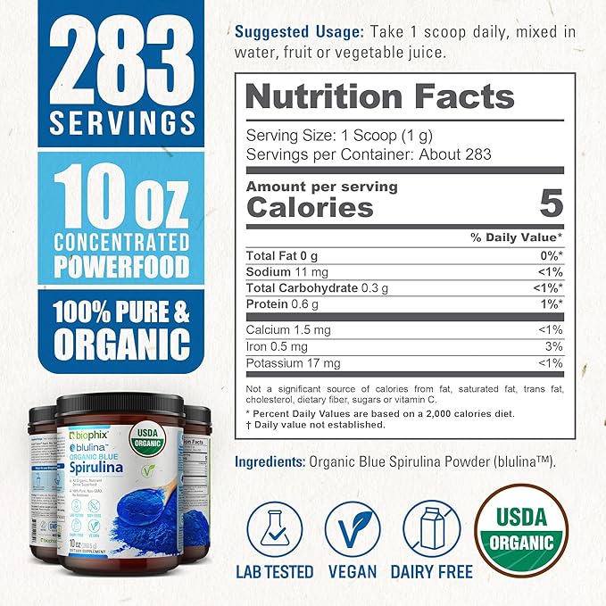 biophix Blue Spirulina Powder Organic Blulina 10 oz - Algae Organic Spirulina Powder 283 Servings - Superfood Supplement - Natural Blue Pigment - Espirulina en Polvo Organica Pura Azul