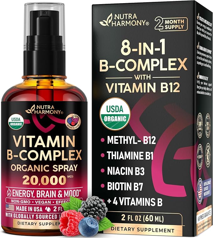 USDA Organic Vitamin B-Complex Liquid Spray 8-in-1 - B5 Pantothenic Acid | B12 Methylcobalamin | B1 Thiamine | B6 Pyridoxine | B7 Biotin | B9 Folic | B3 Niacinamide - Made in USA Supplement, 2fl oz