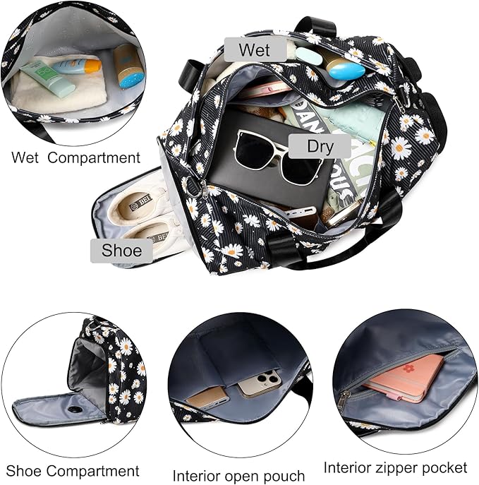 Dance Bag for Girls Corduroy Kids Duffel Bag Ballet Bag for Girls Teen Women Sports Gym Bag Water Resistant Travel Duffle Bags with Shoes Compartment（black daisy）