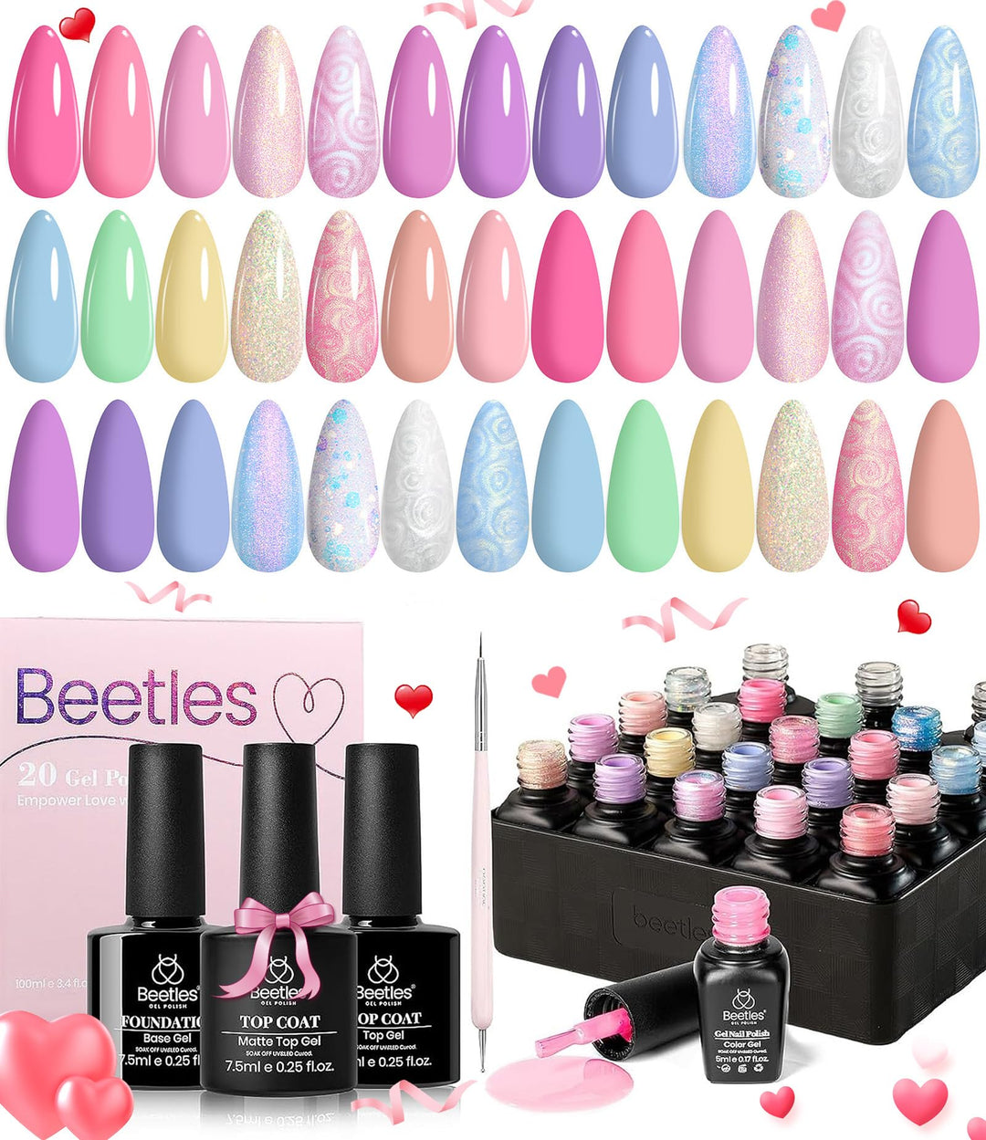 Beetles 24Pcs Gel Nail Polish Set, Valentine Pink Purple Pearl Pastel Blue Shimmer Chameleon Green Colors 2025 Spring Gel Polish Kit, 3Pcs Base Gel Top Coat and Double-ended Brush Soak off UV Gel