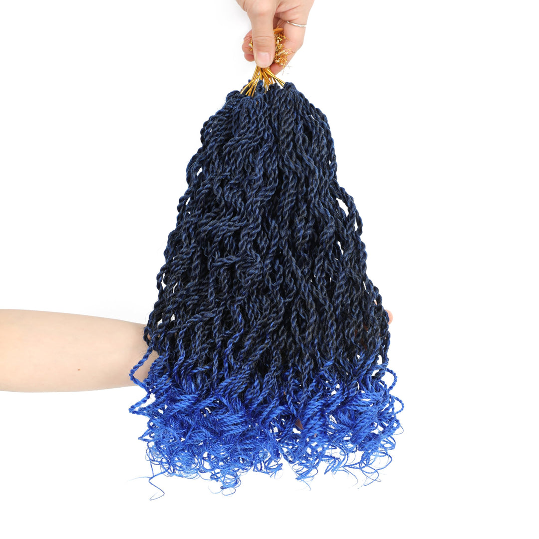 Wavy Senegalese Twist Crochet Hair For Black Women 8 Inch 10 Packs Senegalese Twist Braiding Hair Crochet Twists Pre Looped Twist Crochet Hair Curly Crochet Twist Hair With Curly Ends(1B/BLUE)