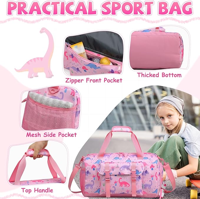 Kids Overnight Duffel Bags,Kasqo Girls Dance Bag Water Resistant Sports Gym Ballet Bag for Teens Sleepover Travel Bag Weekender Carry On Tote with Shoes Compartment Dry Wet Pocket,Pink Dinosaur