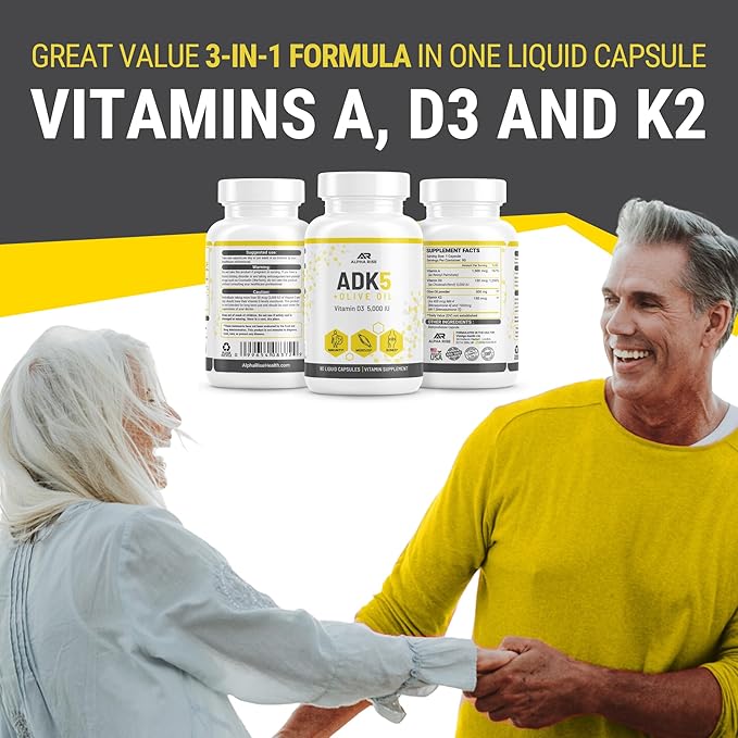 ADK Vitamin Supplement + Olive Oil for Better Absorption | ADK 5 Supplement with Vitamin A D and K | 5000 iu of Vitamin D3 + K2 (MK7+MK4) | 90 Liquid Capsules | Vegetarian | Non-GMO