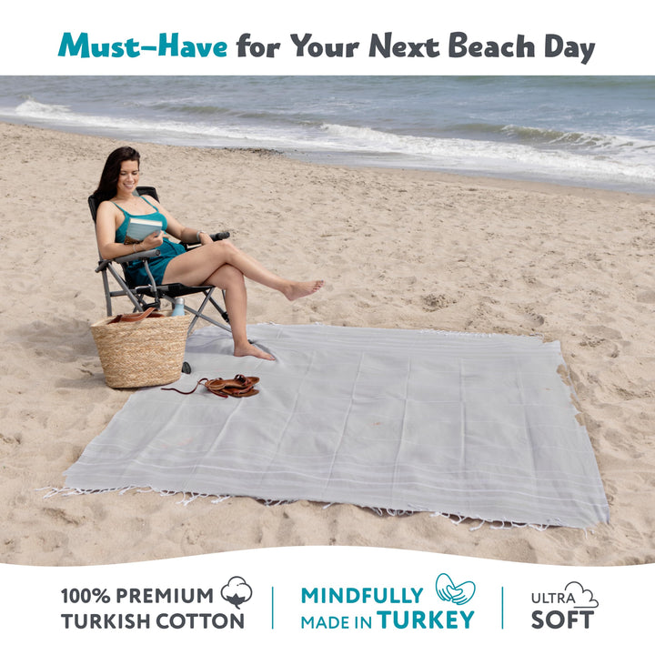 WETCAT Turkish Beach Blanket Sandproof 82x82, Soft 100% Turkish Cotton Blanket, Extra Large Sand Free Picnic Blankets & Beach Essentials – Light Grey