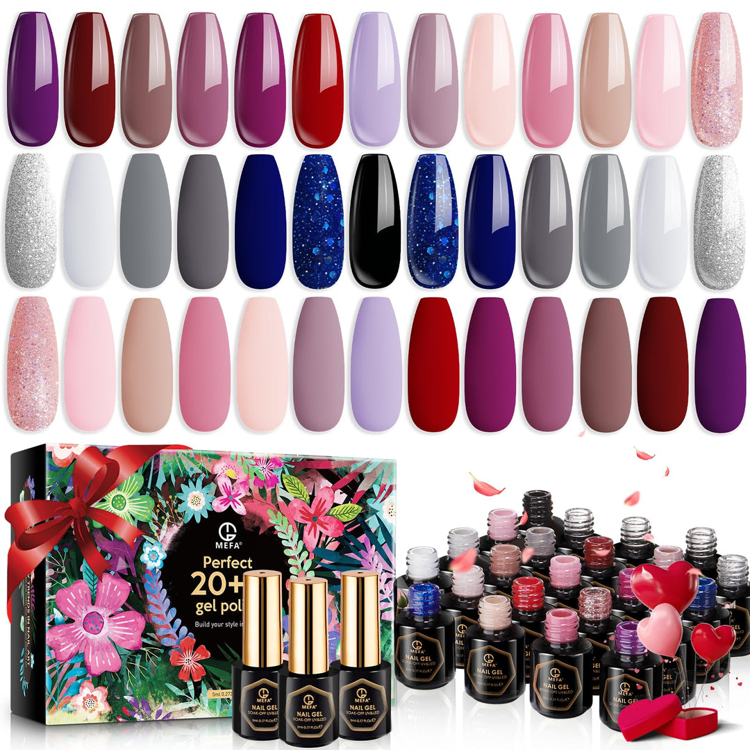 Mefa Gel Nail Polish Kit 23 Pcs, 20 Summer Gel Polish Colors Pink Red Glitter Blue Gel Nail Set Modern Muse Collection With Glos
