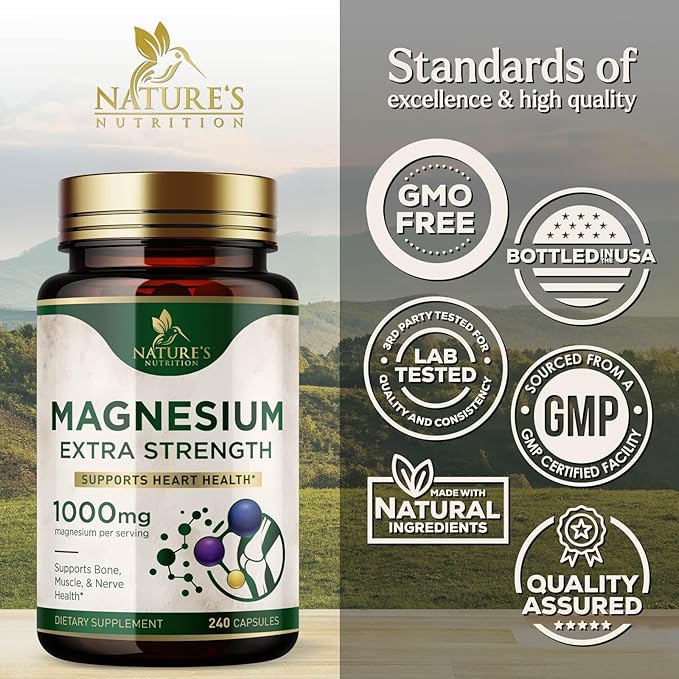 Magnesium Supplement (Citrate Oxide) 1000mg for Best Absorption, Supports Bone, Heart Health, Nerves, Muscles & Metabolism, Nature's Pure Magnesio Vitamin Pills, Bottled in USA, 240 Capsules