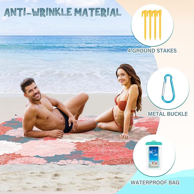 Beach Blanket Waterproof Sandproof 1-7 Adult Oversized 78 '' × 81 '' Lightweight Durable Compact Sand Free Beach Mat for Travel Camping Hiking Picnic Blanket Extra Large