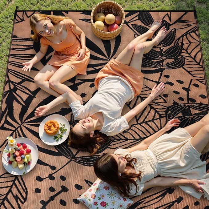 Anidaroel Leaf Outdoor Rugs 6x9ft for Patios Clearance Waterproof, Reversible Tropical Plastic Straw Camping Mat Outside Rug, Large Outdoor Area Rug for RV, Deck, Balcony, Picnic(Black/Brown,6'x9')