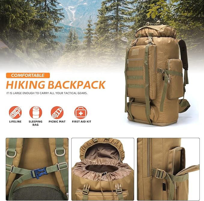70L/100L Hiking Camping Backpack MOLLE Rucksack Waterproof Daypack for Traveling (Khaki)