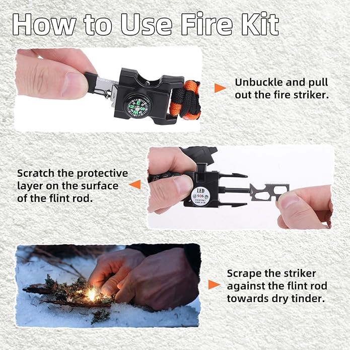 Adjustable Survival Paracord Bracelet, 2 Pack Emergency Fire Starter Kit with Loud Whistle Compass Light Flint Steel for Hiking Fishing Hunting, Tactical Gear Equipment Multitools