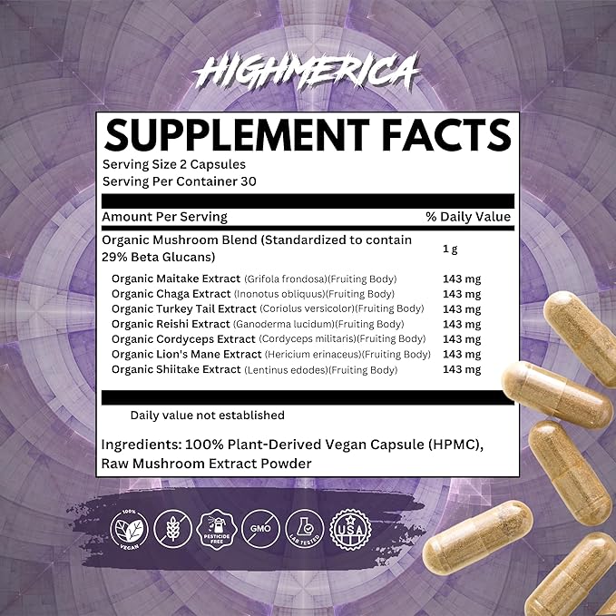 7 Sacred Mushroom Complex - Lion's Mane, Cordyceps, Reishi, Turkey Tail, Chaga, Maitake & Shiitake - Nootropic for Brain and Cognitive Support - Energy & Immunity