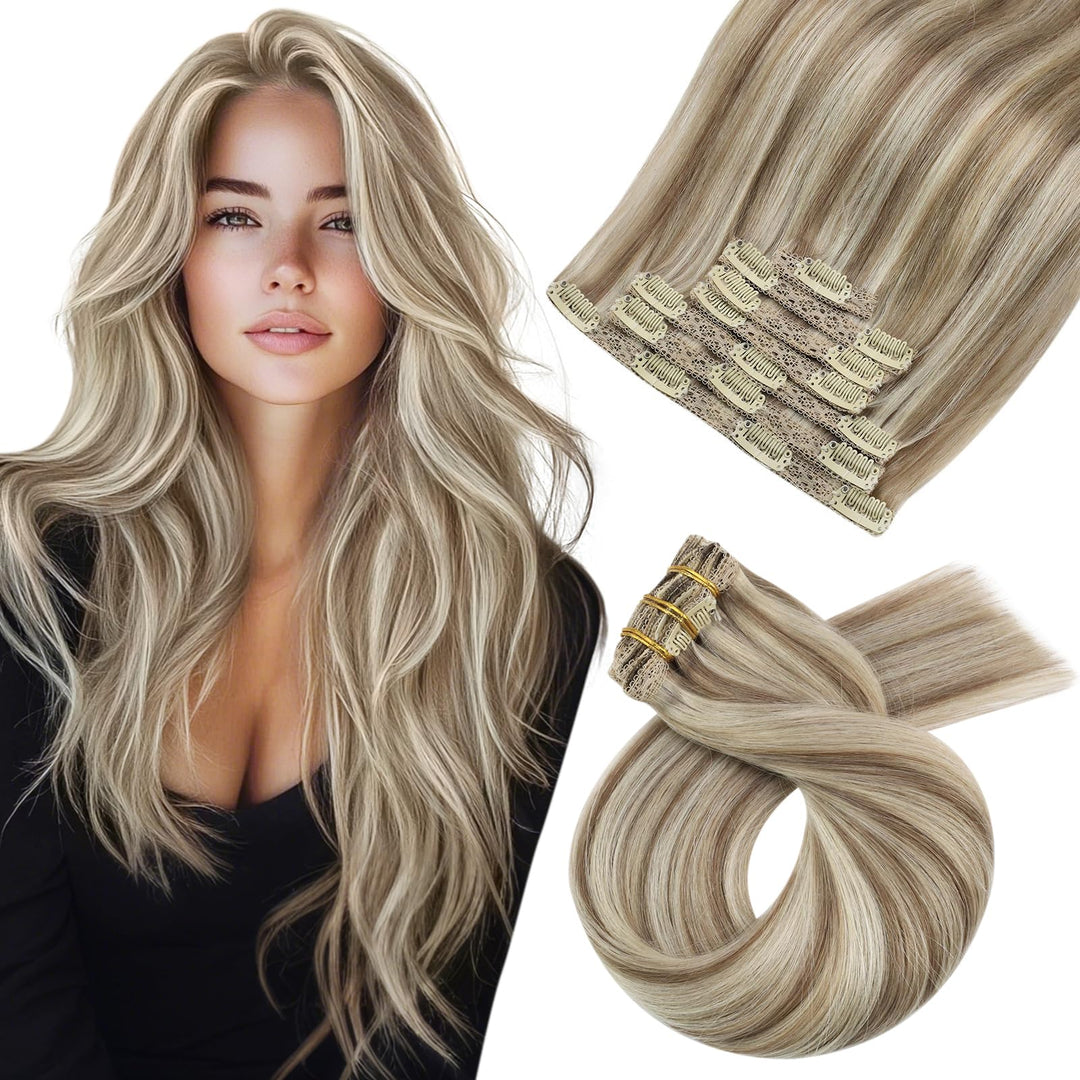 Moresoo Clip In Hair Extensions Remy Double Weft Human Hair Clip In Extensions Straight Hair Extensions For Women Light Brown Hi