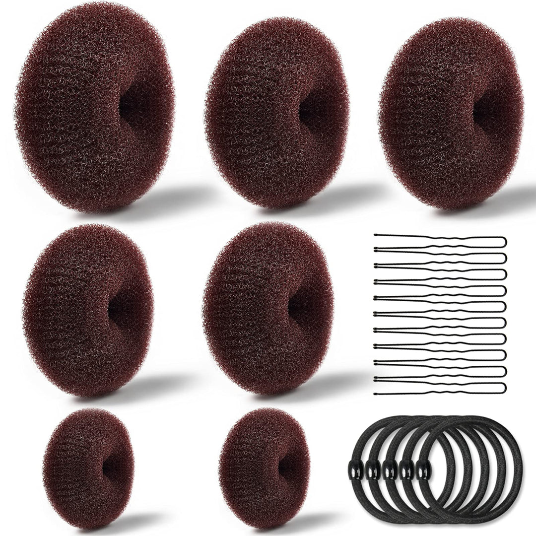 Tsmaddts Hair Bun Maker - Accessories Kit With 7Pcs Donut Bun Makers, 5Pcs Elastic Bands, 20Pcs Hair Pins - Dark Brown