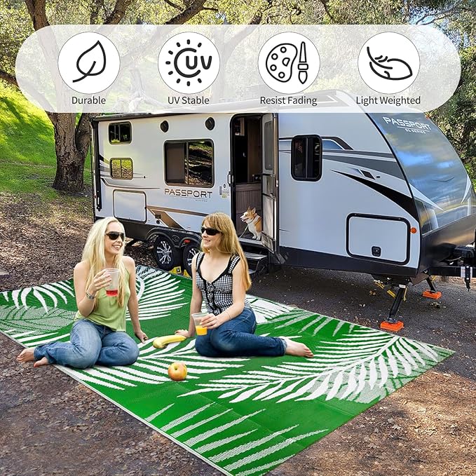 Waterproof Outdoor Rug 5x8ft, Green Leaf Reversible Plastic Straw Mat for Patio RV Deck Porch Backyard Balcony Camping Picnic Beach Indoor Outdoor Carpet, Green&White