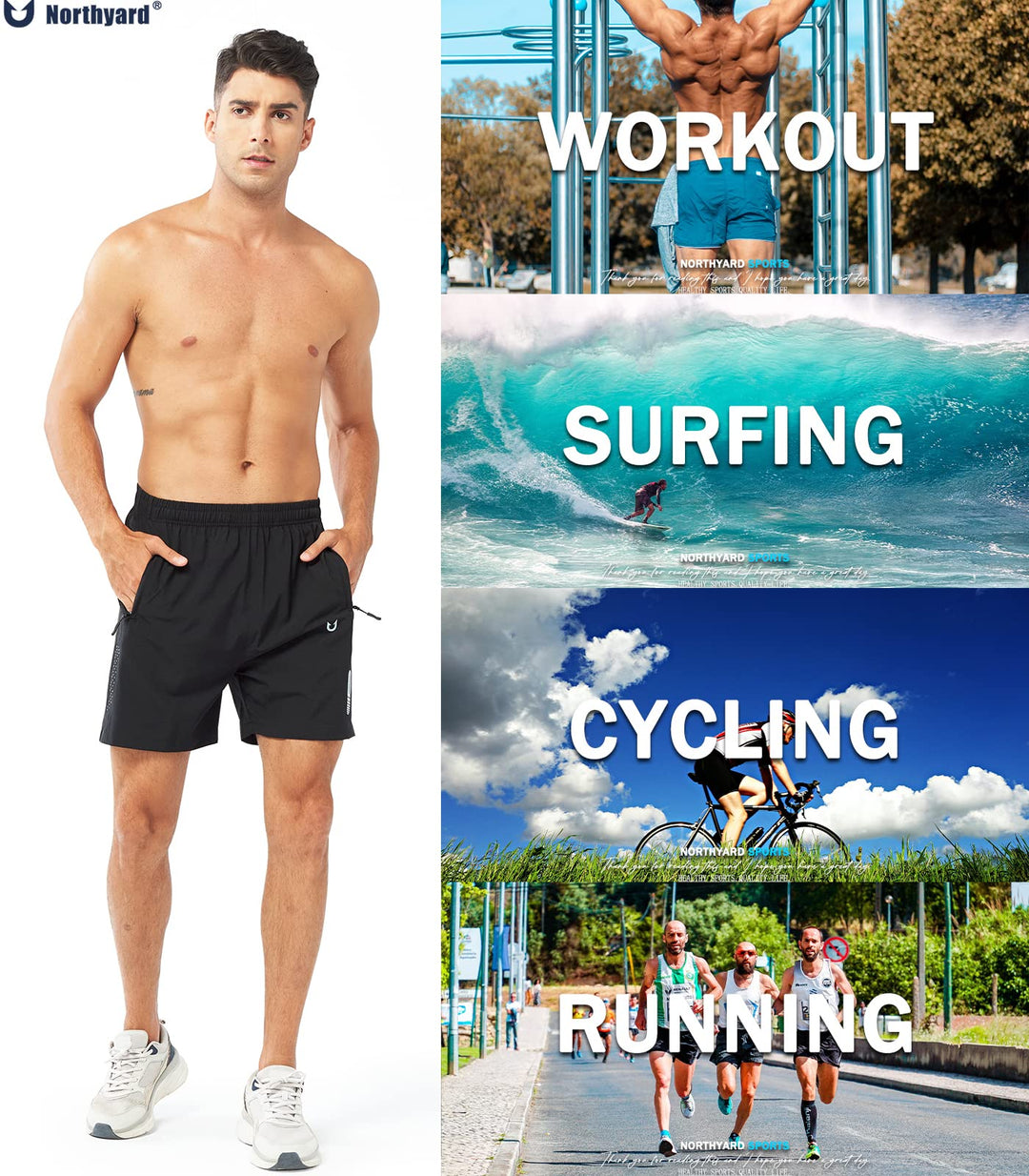 NORTHYARD Men's Athletic Running Shorts Quick Dry Workout Shorts 7"/ 5"/ 9" Lightweight Sports Gym Basketball Shorts Hiking Exercise Black-5inch S