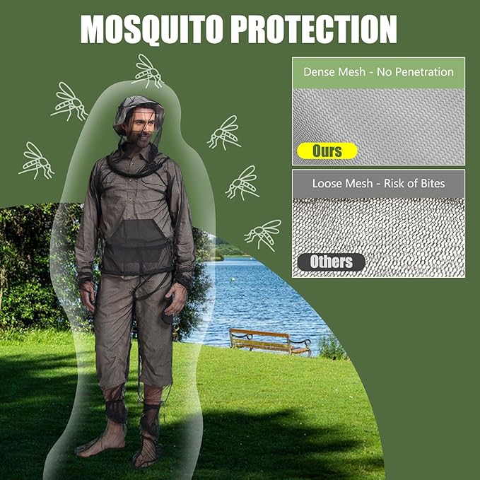 HOMEYA Net Suit XXL, Netting with Jacket Hoodie & Pants, Mittens & Socks, Lightweight Fine Mesh Full Body Clothing for Men & Women, for Camping, Hunting, Hiking, Fishing with Free Carry Pouch