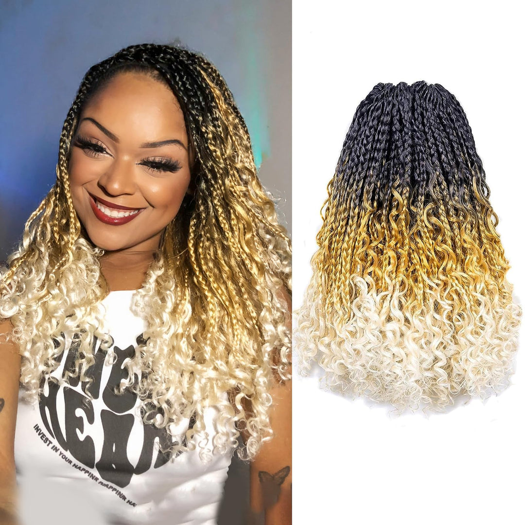 Toyotress Boho Box Braids Crochet Hair - 14 Inch 8 Packs Ombre Blonde Off-White Box Braids Crochet Hair Curly End Crochet Braids