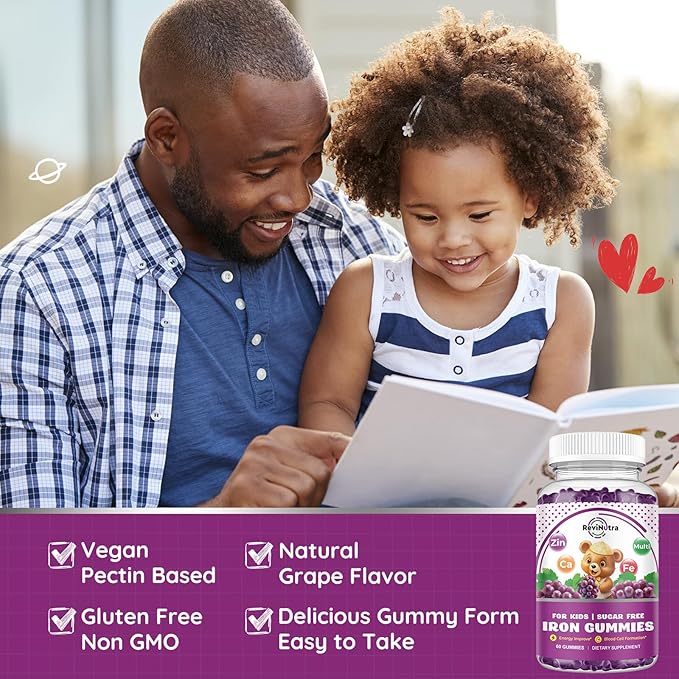 Iron Supplement Gummies for Kids - with Calcium, Zinc, Kids Multivitamin with Iron Gummies - Immune Support, Blood Builder & Energy Support for Iron Deficiency, Anemia, Vegan - 60 Gummies Grape Flavor