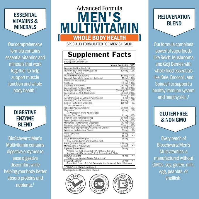 Men's Multivitamin with Vitamin C A B D3 E Zinc for Immune Support - Once Daily Supplement for Energy & Heart - Antioxidants & Digestive Enzymes for Absorption - Mental Clarity & Focus Support -60 Ct