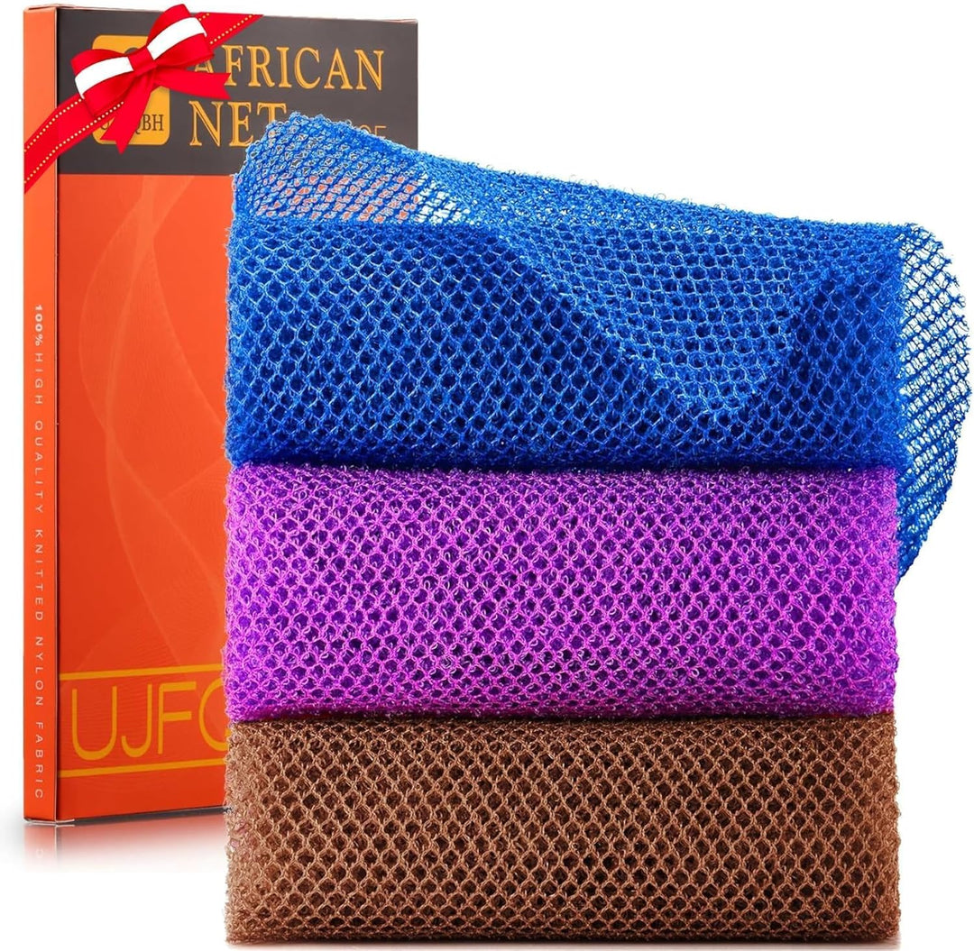 3-Piece African Net Bath Sponge Set | Exfoliating Body Scrubber | Black, Blue, Brown