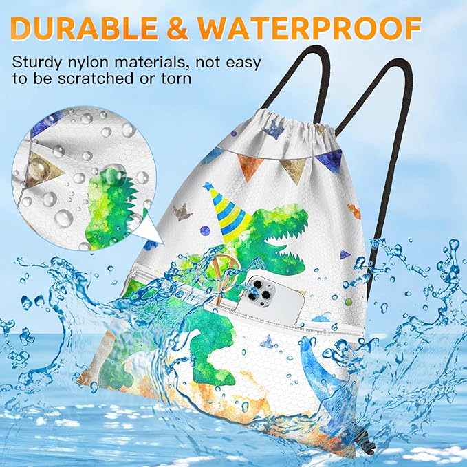 Slohif Drawstring Backpack Beach Swim Bag for Kids Draw String Dance Travel Cinch Ballet Gym Bags for Girls Boys Green Dinosaur Waterproof Backpack for Swimming Summer Camp Pool Sports Nylon Large