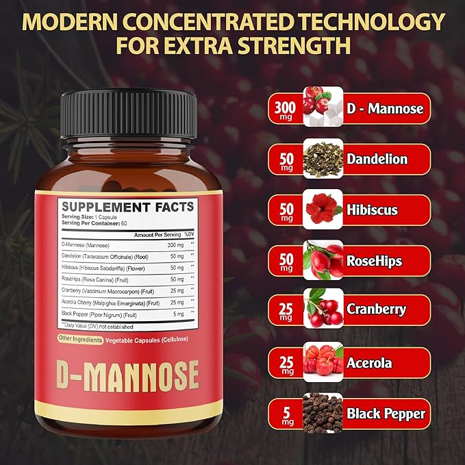2 Packs 60 Counts 4 Months - D-Mannose Capsules - Natural Urinary Tract Health & Immune Support - 7in1 with Cranberry, Dandelion, Hibiscus & More