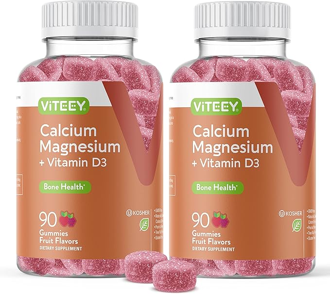 Calcium Gummies with Vitamin D3 & Magnesium - Supports Bone Health, Immune Support, Energy and Muscle Function - Dietary Vitamin Supplements, for Men Woman and Teens, Chewable Fruit Flavored Gummy