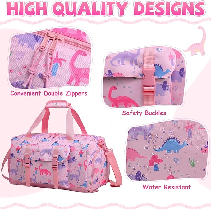 Kids Overnight Duffel Bags,Kasqo Girls Dance Bag Water Resistant Sports Gym Ballet Bag for Teens Sleepover Travel Bag Weekender Carry On Tote with Shoes Compartment Dry Wet Pocket,Pink Dinosaur