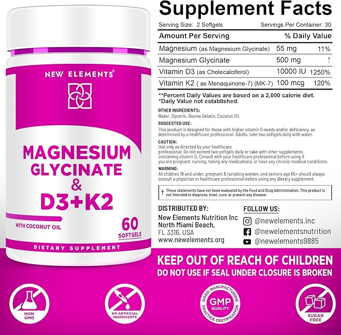 Magnesium Glycinate 500mg with High-Potency Vitamin D3 10000iu & Vitamin K2 100mcg | Enhanced with Coconut Oil for Optimal Absorption | Non-GMO, Gluten-Free, Sugar-Free Softgels