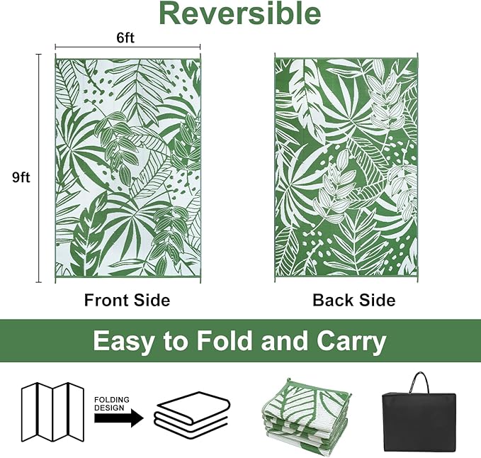 Anidaroel Leaf Outdoor Rugs 6x9ft for Patios Clearance Waterproof, Reversible Tropical Plastic Straw Camping Mat Outside Rug, Large Outdoor Area Rug for RV, Deck, Balcony, Picnic(Green,6'x9')